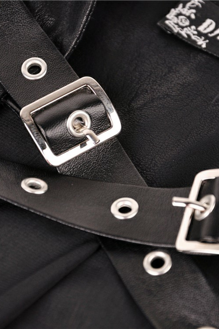 Black Chiffon Sleeveless Cut-Out Chest Irregular Hem Lace-Up Buckled Women's Punk Jacket - Product - 12