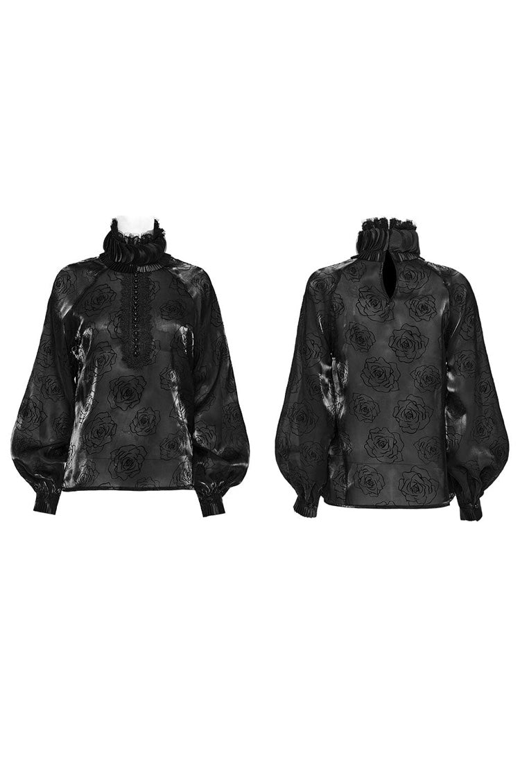 Black Stand Collar Long Lantern Sleeves Rose Print Hook-Button Womens Gothic Blouse - Product - 5