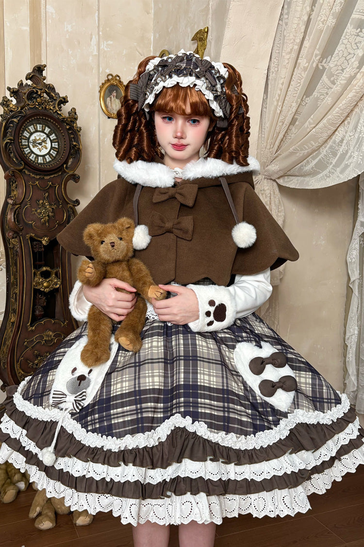 Brown Long Sleeves Triple-Layered Printed Ruffled Bow Sweet Lolita Jsk Dress Set - Product - 4