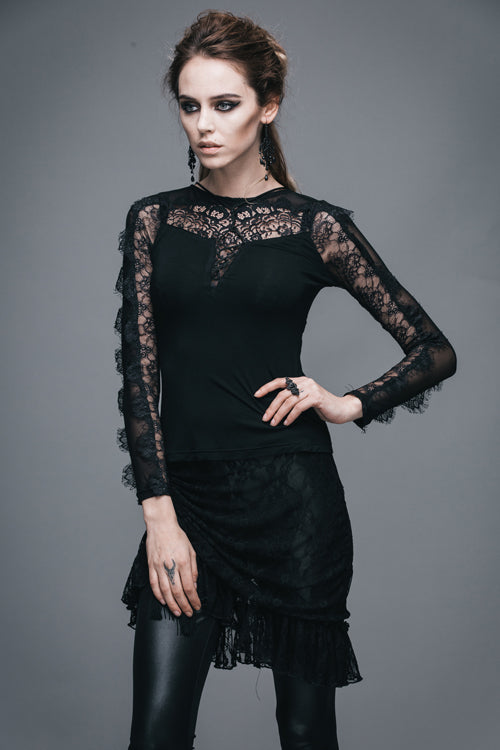 Black Sexy Lace Pattern Long Sleeves Gothic Womens T-Shirt - Product - 4