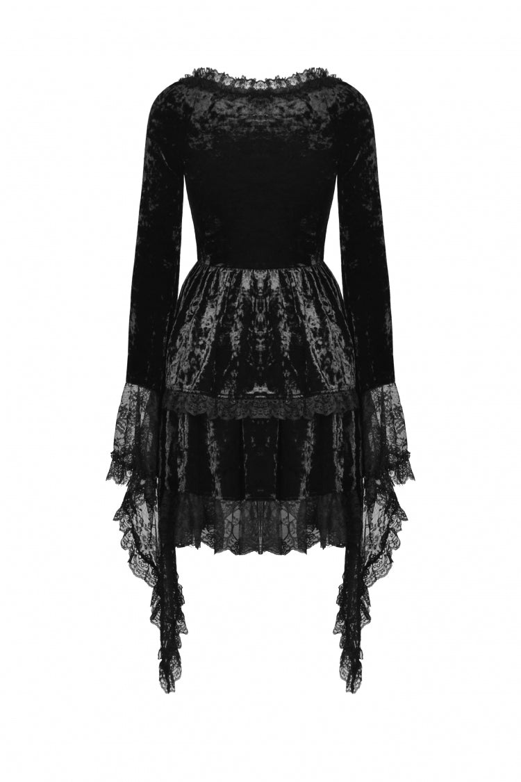 Black Irregular Long Trumpet Sleeves Lace Spliced Women's Gothic Velvet Graduation Dress - Product - 12