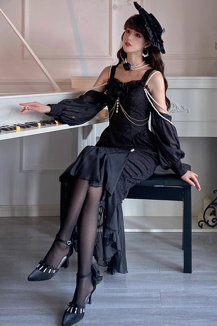 Black [Camellia 1.0] Sleeveless Jacquard Ruffle Lace Gothic Chinese Style Lolita Jsk Fishtail Dress - Product - 2
