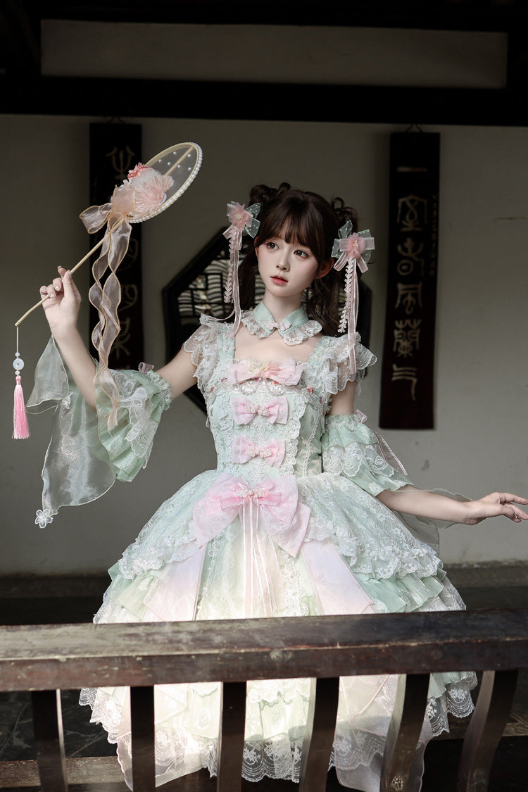 Green [Spring Waters Reflecting Pear Blossoms] Ruffled Embroidered Open-Front Bow Lace Sweet Lolita Jsk Dress - Product - 6