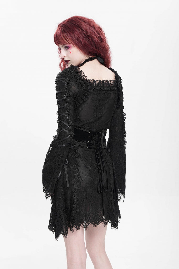 Black Square Collar Long Trumpet Sleeves Embroidered Lace-Up Women's Gothic Dress - Product - 3