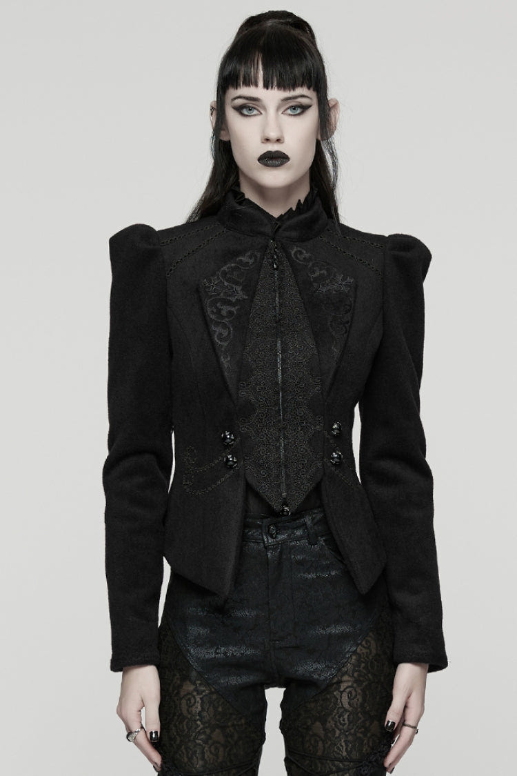 Black Stand Collar Long Sleeves Embroidered Lace-Up Zippered Women's Gothic Jacket - Black - 1