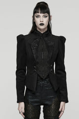 Black Stand Collar Long Sleeves Embroidered Lace-Up Zippered Women's Gothic Jacket - Black - 1