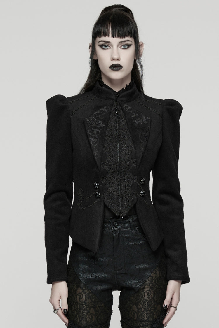 Black Stand Collar Long Sleeves Embroidered Lace-Up Zippered Women's Gothic Jacket - Black - 1