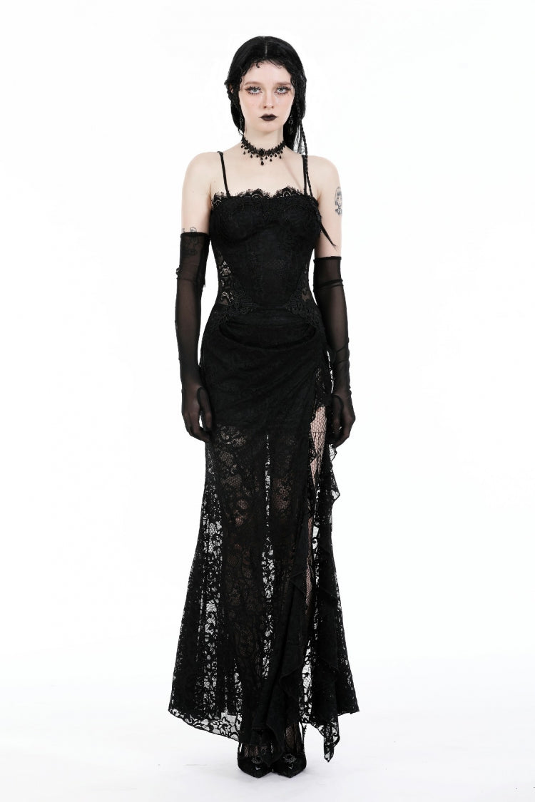 Black Sleeveless Side Slit Ruffled Lace Lace-Up Women's Gothic Maxi Slip Wedding Dress - Product - 5
