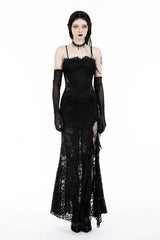 Black Sleeveless Side Slit Ruffled Lace Lace-Up Women's Gothic Maxi Slip Wedding Dress - Product - 5