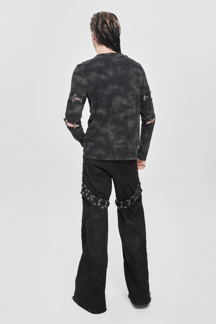 Black Long Sleeves Cutout Rivets Chain Men's Punk Blouse - Product - 7