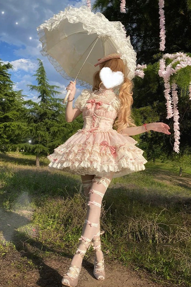 Pink Triple-Layered Bowknot Lace-Up Sweet Princess Ballet Lolita Jsk Dress - Product - 13