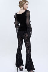 Black Flocked Printed Fabric Elastic Jacquard Elastic at Waist Flared Women's Punk Pants - Product - 7