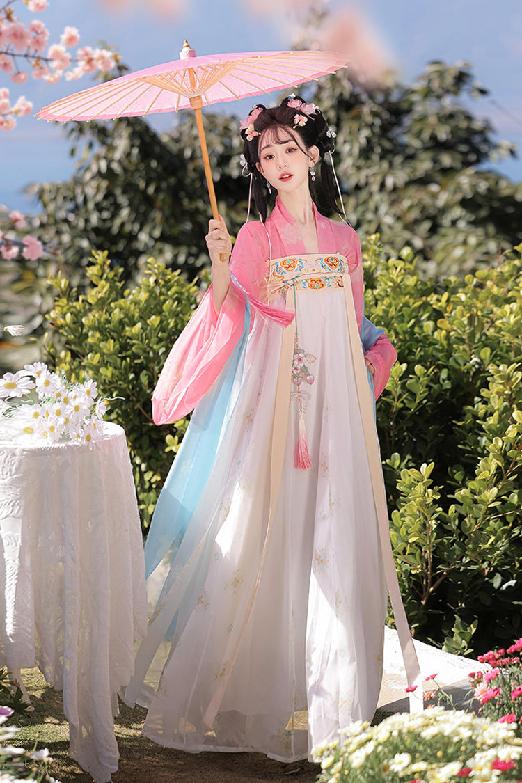 Pink/Apricot [Spring Fills the Garden] High Waisted Printed Embroidered Women's Sweet Chinese Style Hanfu Dress Set - Pink/Apricot - 1
