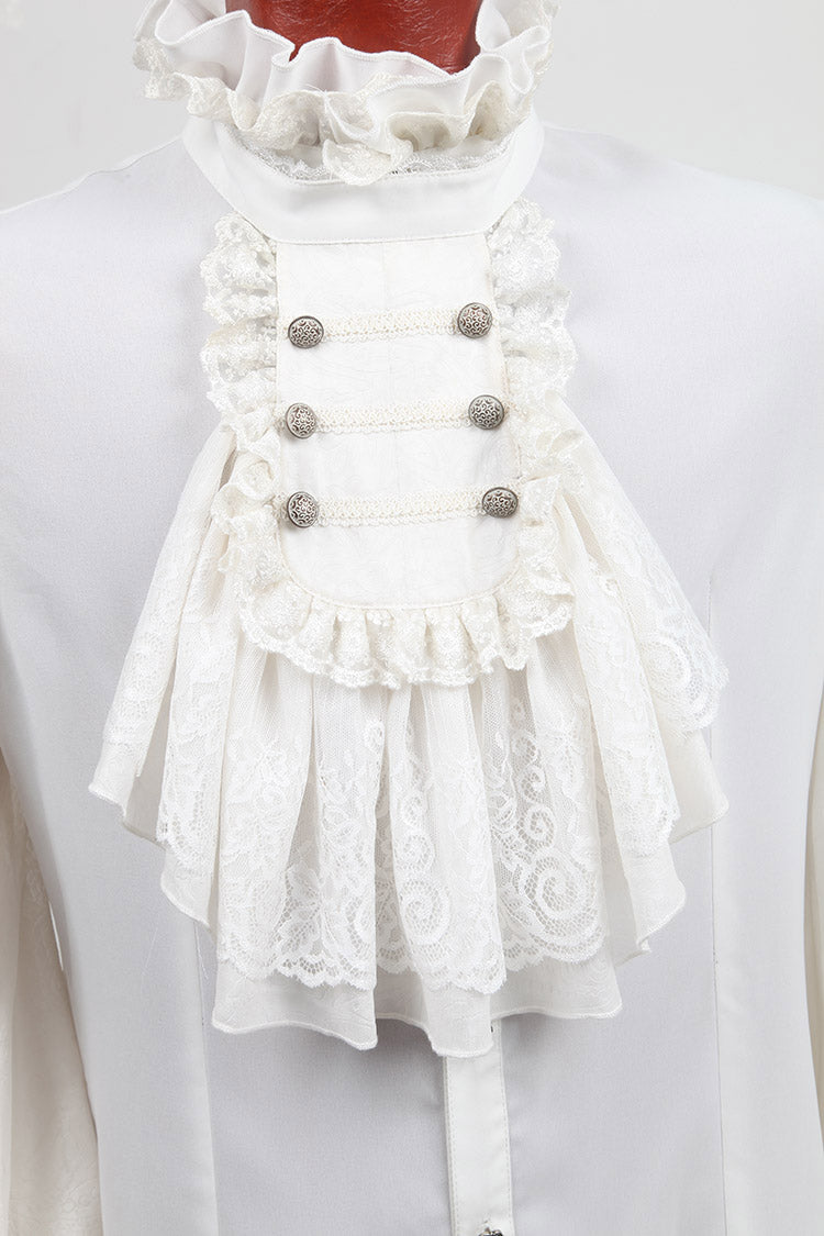White Stand Collar Retro Button Long Lantern Sleeves Mens Gothic Blouse - Product - 9