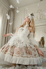 White [The Mystery of The Doll] Halterneck Print Ruffle Bowknot Drawstring Gothic Lolita Dress - Product - 8