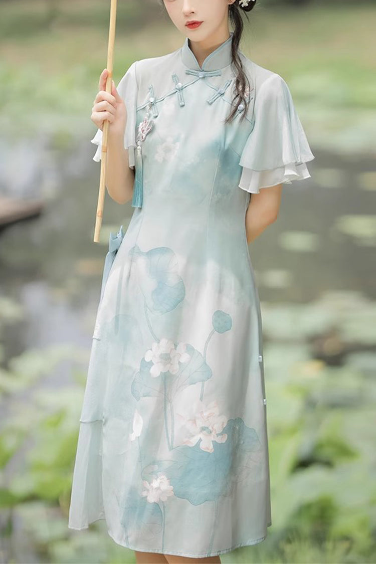 Green Ruffle Short Sleeves Lotus Print Sweet Cheongsam Hanfu Dress - Green - 1