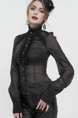 Black Long Sleeve Ruffles On Chest Shoulder Back Tie Detail See-Through Pattern Material Stand Collar Women's Gothic Shirt - Product - 3