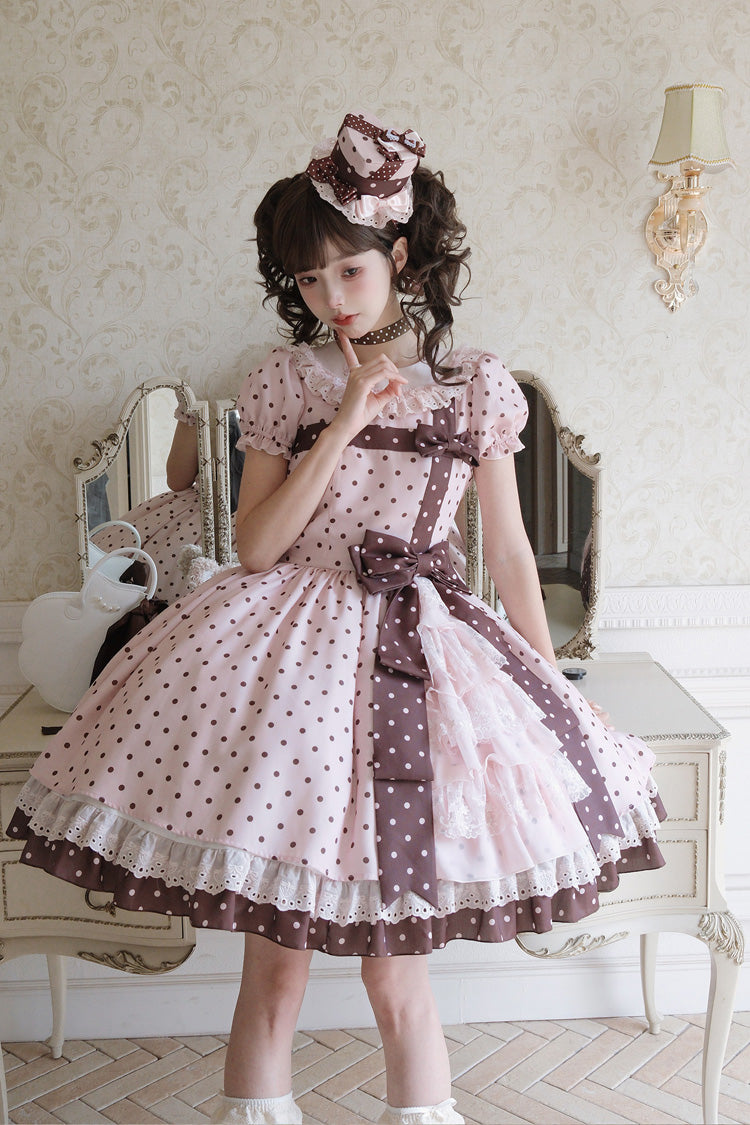 Pink [Canelé Gift Box] Round Collar Short Sleeves Double-Layered Printed Polka Dot Ruffled Open-Front Bow Asymmetric Sweet Lolita Dress - Product - 21