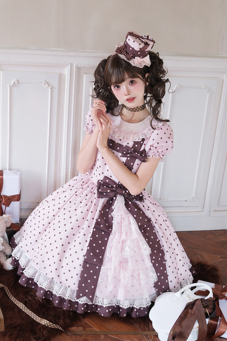 Pink [Canelé Gift Box] Round Collar Short Sleeves Double-Layered Printed Polka Dot Ruffled Open-Front Bow Asymmetric Sweet Lolita Dress - Product - 13