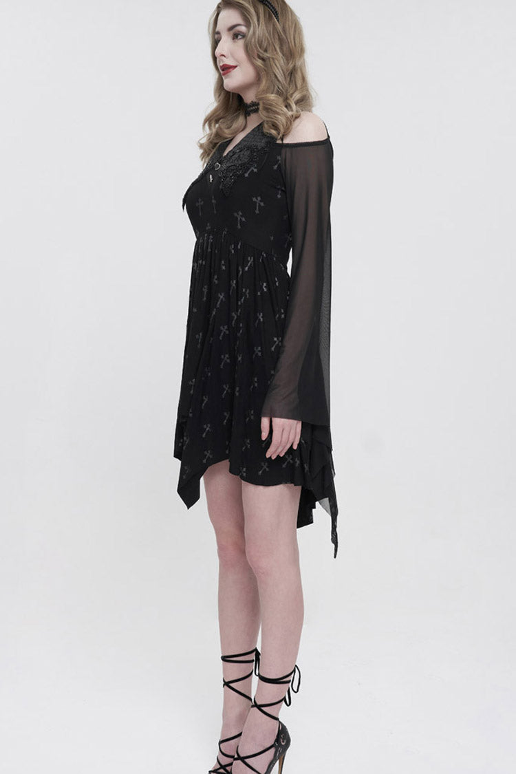 Black Sleeves Cross Print Embroidered And Beaded Neckline Stretch-Mesh Flared Women's Gothic Dress - Product - 3