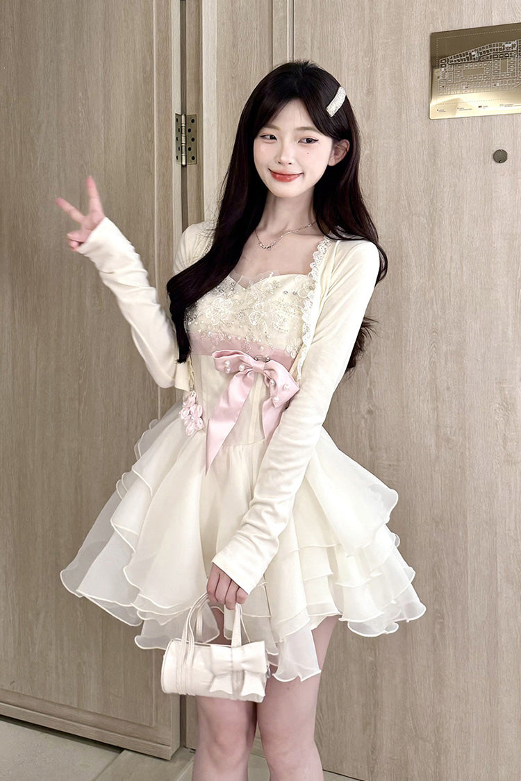 Ivory [Radiant Heiress] Sleeveless Multi-Layered Ruffled Embroidered Bow Pearl Detail Sweet Lolita Jsk Dress - Product - 5