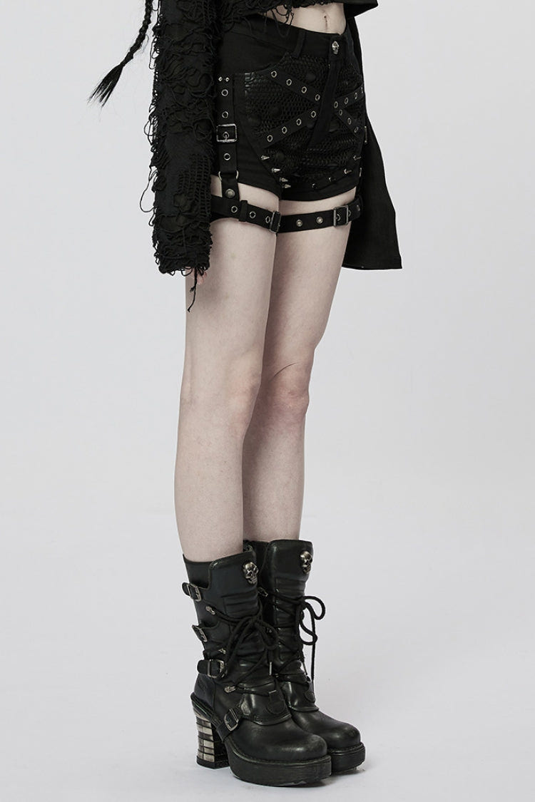 Black Faux Leather Stitching Mesh Buckles Women's Steampunk Shorts - Product - 2