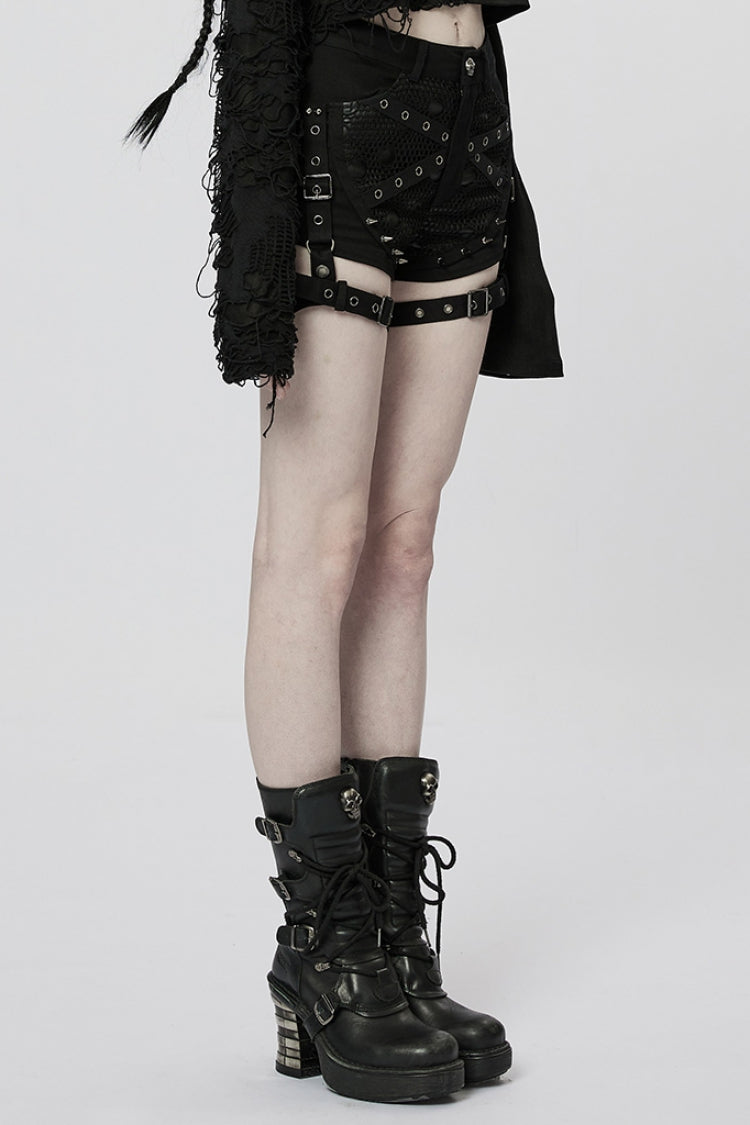 Black Faux Leather Stitching Mesh Buckles Women's Steampunk Shorts - Product - 2