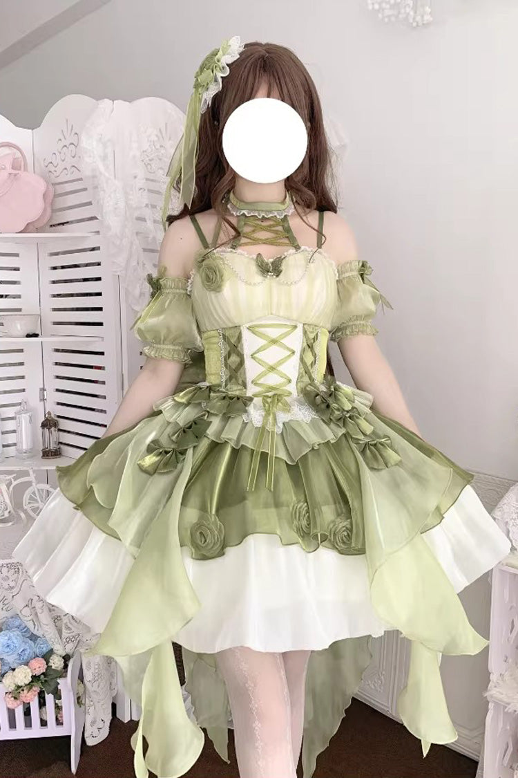 Green [Camellia Covenant] Halterneck Ruffled Bow Lace Lace-Up Sweet Lolita Jsk Dress - Product - 5