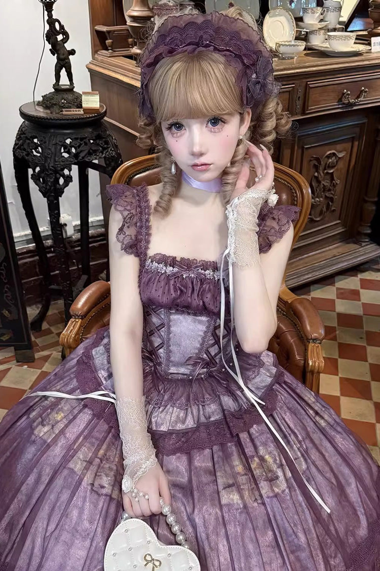 Purple [Mist-shrouded Vineyard] Sleeveless Ruffle Bowknot Lace-Up Sweet Lolita Jsk Skirt Dress Set - Product - 2