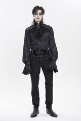 Black Stand Collar Long Trumpet Sleeves Printed Bow Lace Pearl-Decorated Men's Gothic Gorgeous Shirt - Product - 5