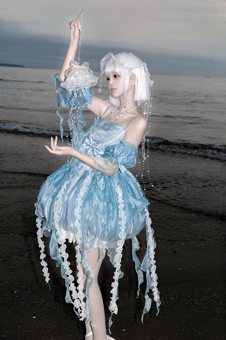 Blue [Dreamy Jellyfish] Square Collar Sleeveless Printed Ruffled Lace Sweet Lolita Jsk Dress Set - Product - 7