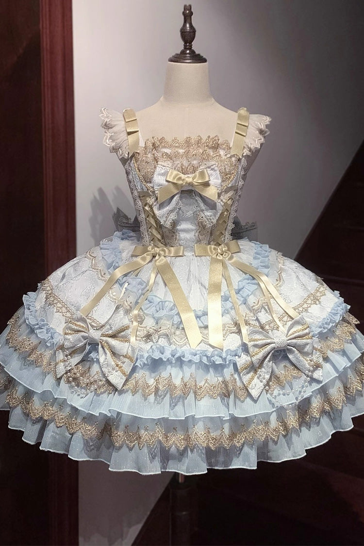 White [Gilded Memories] Sleeveless Double-Layered Ruffle Hot Stamping Bowknot Lace Sweet Lolita Jsk Dress - Blue - 7
