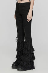 Black Triple-Layered Ruffle Lace-Up Mesh Women's Gothic Pants - Product - 2
