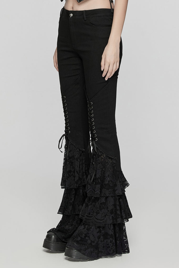 Black Triple-Layered Ruffle Lace-Up Mesh Women's Gothic Pants - Product - 2
