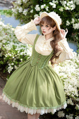 [Dreamlike Realm] Sleeveless Printed Ruffled Embroidered Bustier Elegant Sweet Lolita Jsk Dress 4 Colors - Green(Short) - 2
