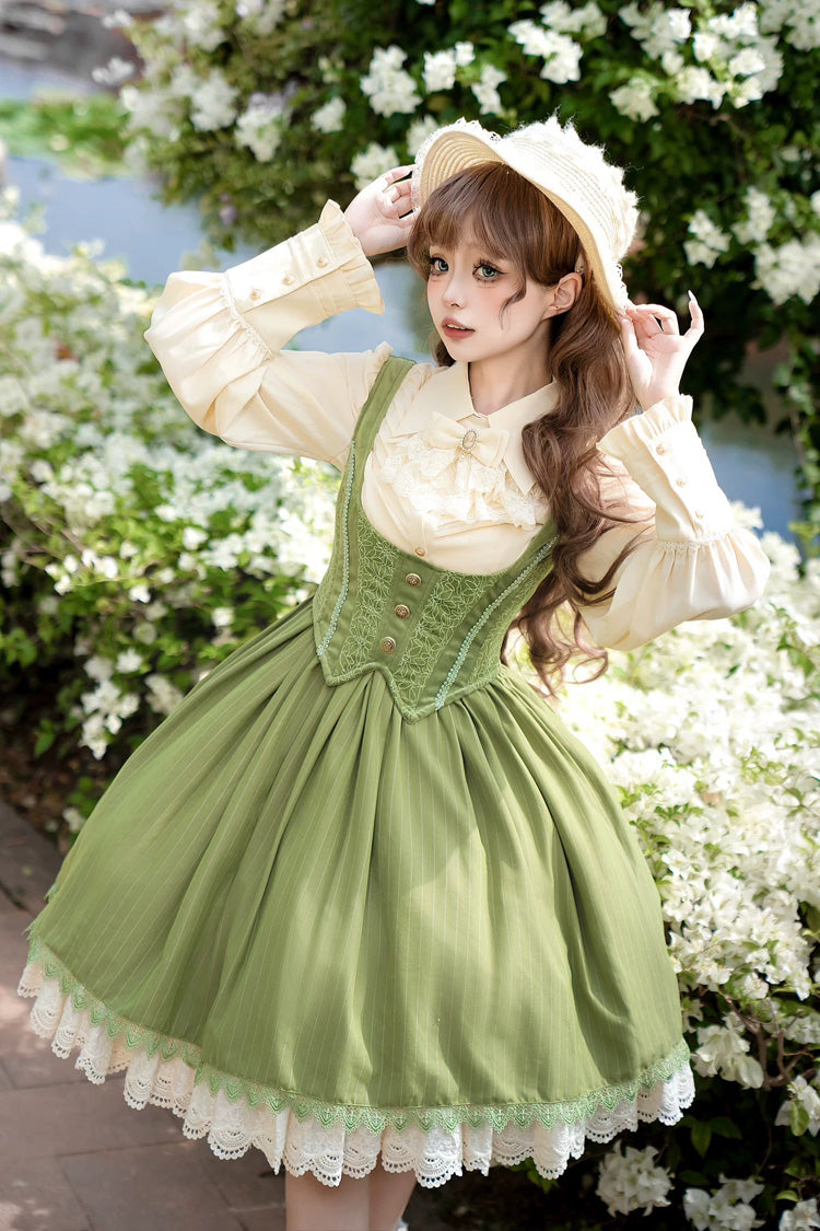 [Dreamlike Realm] Sleeveless Printed Ruffled Embroidered Bustier Elegant Sweet Lolita Jsk Dress 4 Colors - Green(Short) - 2