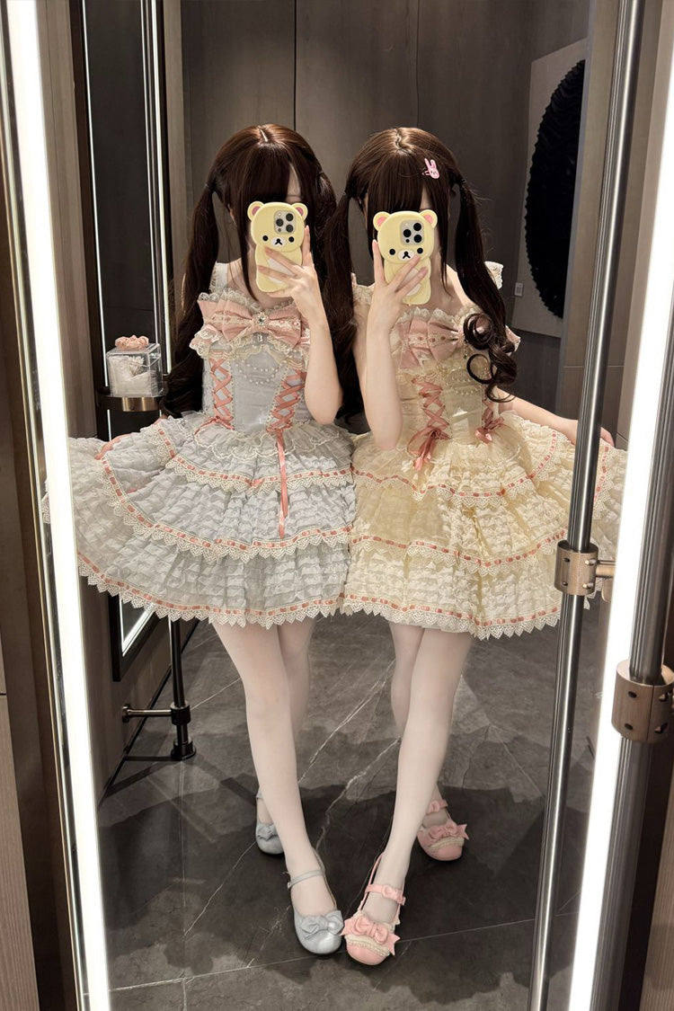 Blue Song of Floral Letters Sleeveless Triple-Layered Bowknot Lace-Up Sweet (Dress Only) detail view 6
