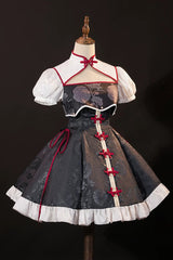 Black [Krul Tepes Seraph of the End] Stand Collar Short Sleeves Ruffled Embroidered Bow Classic Chinese Inspired Lolita Hanfu Dress - Black - 1