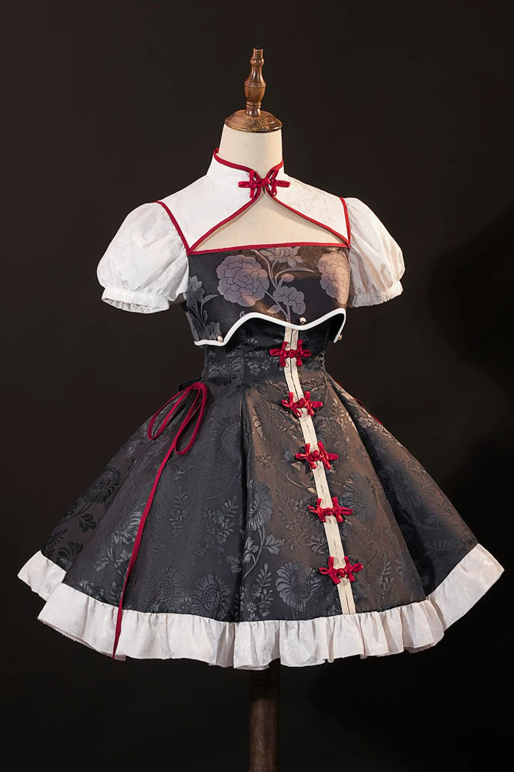 Black [Krul Tepes Seraph of the End] Stand Collar Short Sleeves Ruffled Embroidered Bow Classic Chinese Inspired Lolita Hanfu Dress - Black - 1