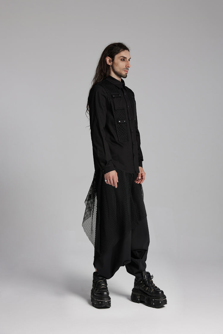 Black Lapel Collar Long Sleeves Zip Mesh Pocket Men's Punk Blouse - Product - 7