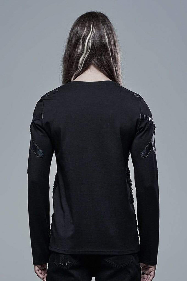Black Long Sleeve Leather Strap Decoration Broken Holes Knit Men's Punk T-Shirt - Product - 3