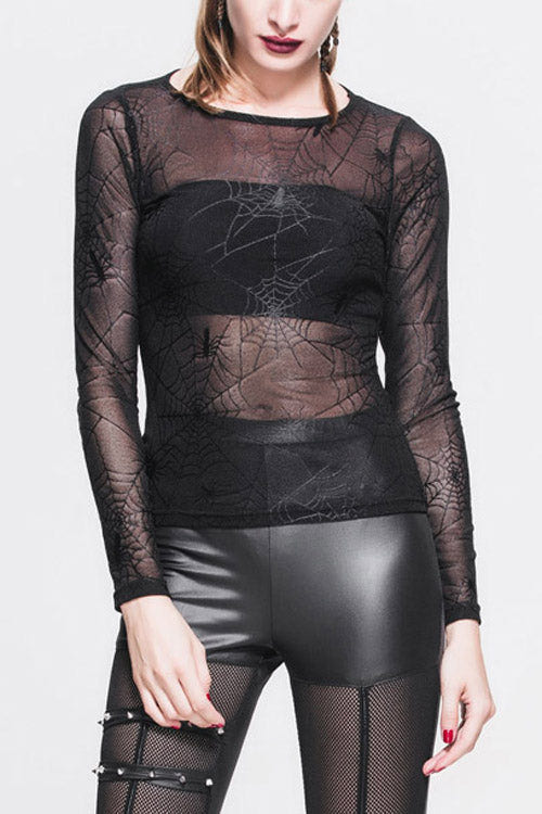 Black Spiderweb Jacquard Classic Style Round Collar Long Sleeves Mesh Women Gothic T-Shirt - Black - 1