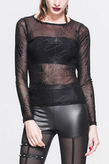 Black Spiderweb Jacquard Classic Style Round Collar Long Sleeves Mesh Women Gothic T-Shirt - Black - 1