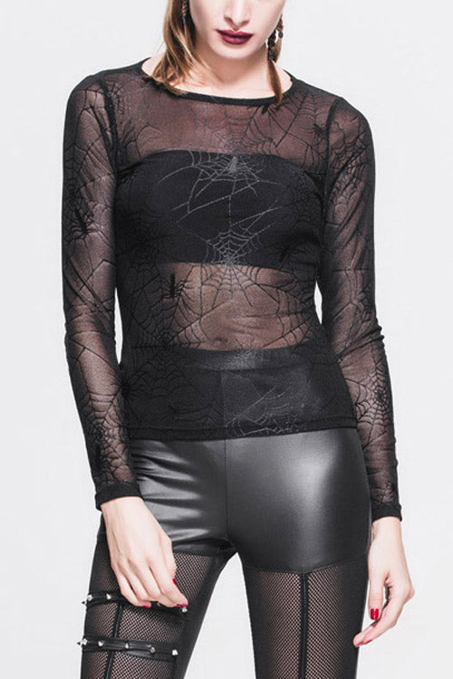 Black Spiderweb Jacquard Classic Style Round Collar Long Sleeves Mesh Women Gothic T-Shirt - Black - 1