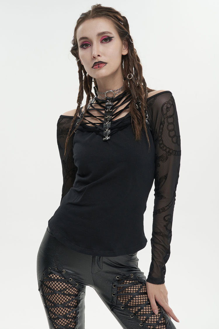 Black Stretch Knit Stitching Flocking Printed Neck Collar Tie Rope Off-Shoulder Women's Punk T-Shirt - Product - 2