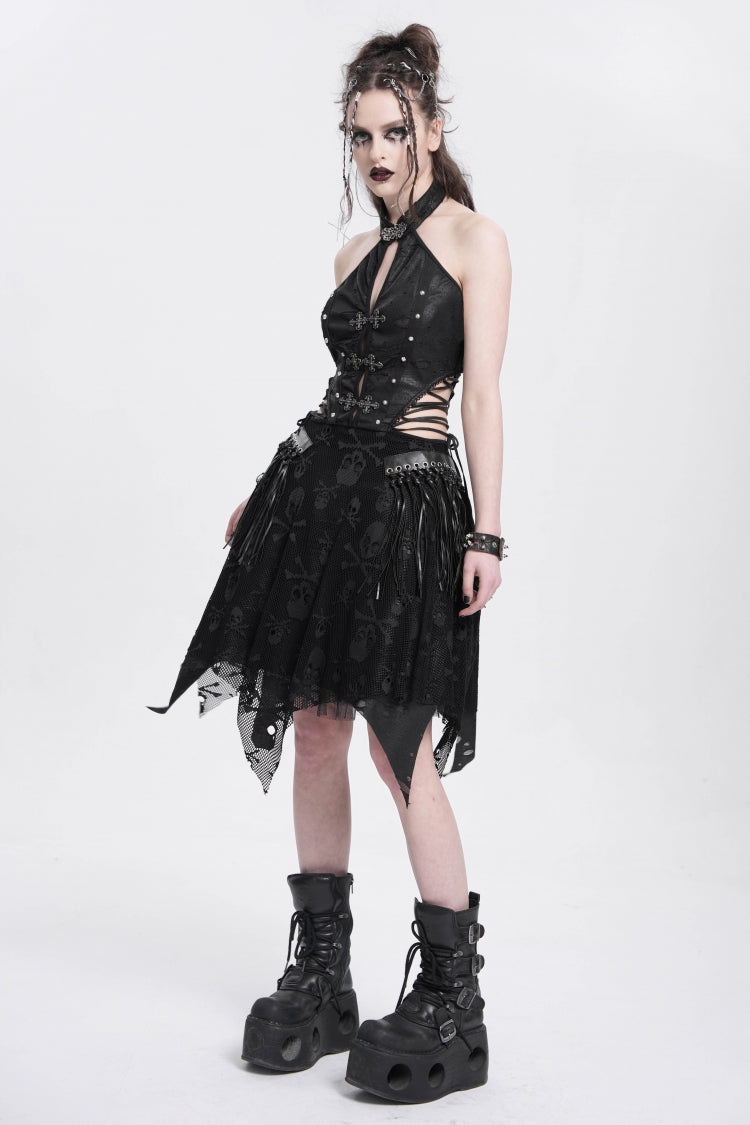 Black Halterneck Sleeveless Skull Print Irregular Women's Punk Dress - Product - 5