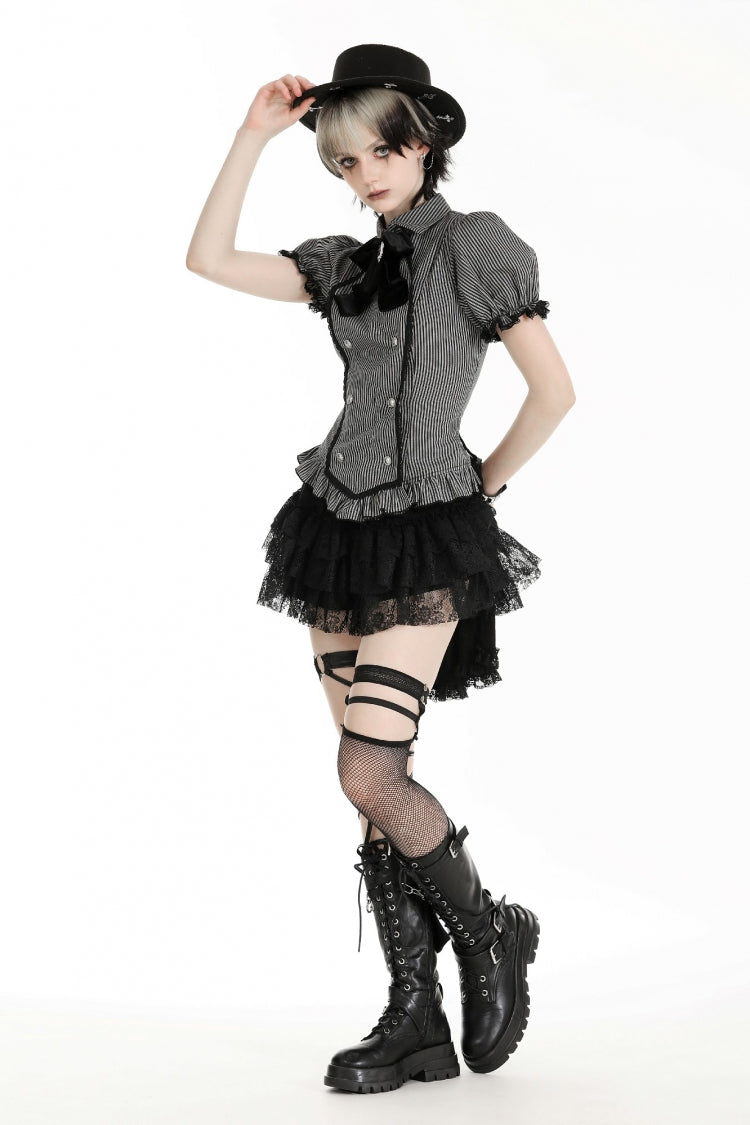 Black/Grey Short Puff Sleeves Lace-Up Striped Double-Breasted Women's Gothic College Style Blouse - Product - 6