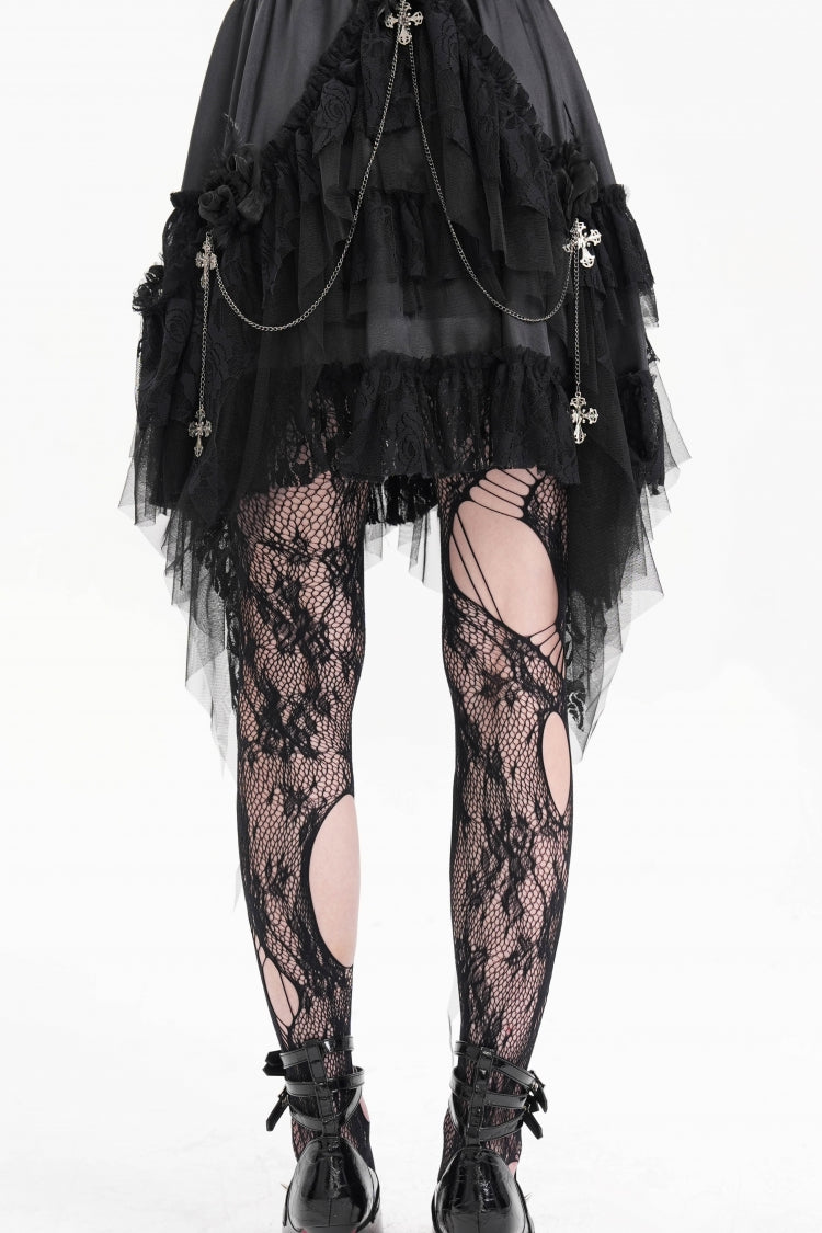 Black Cross Chain Ruffle Lace Irregular Hem Women's Gothic Skirt - Product - 5