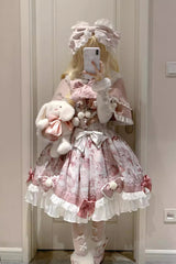 Pink [Cat Dessert House] Print Ruffle Bowknot Sweet Lolita Jsk Dress Set - Pink - 1