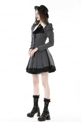 Black/White Lapel Collar Long Puff Sleeves Women's Gothic Striped Preppy Style Dress - Product - 9